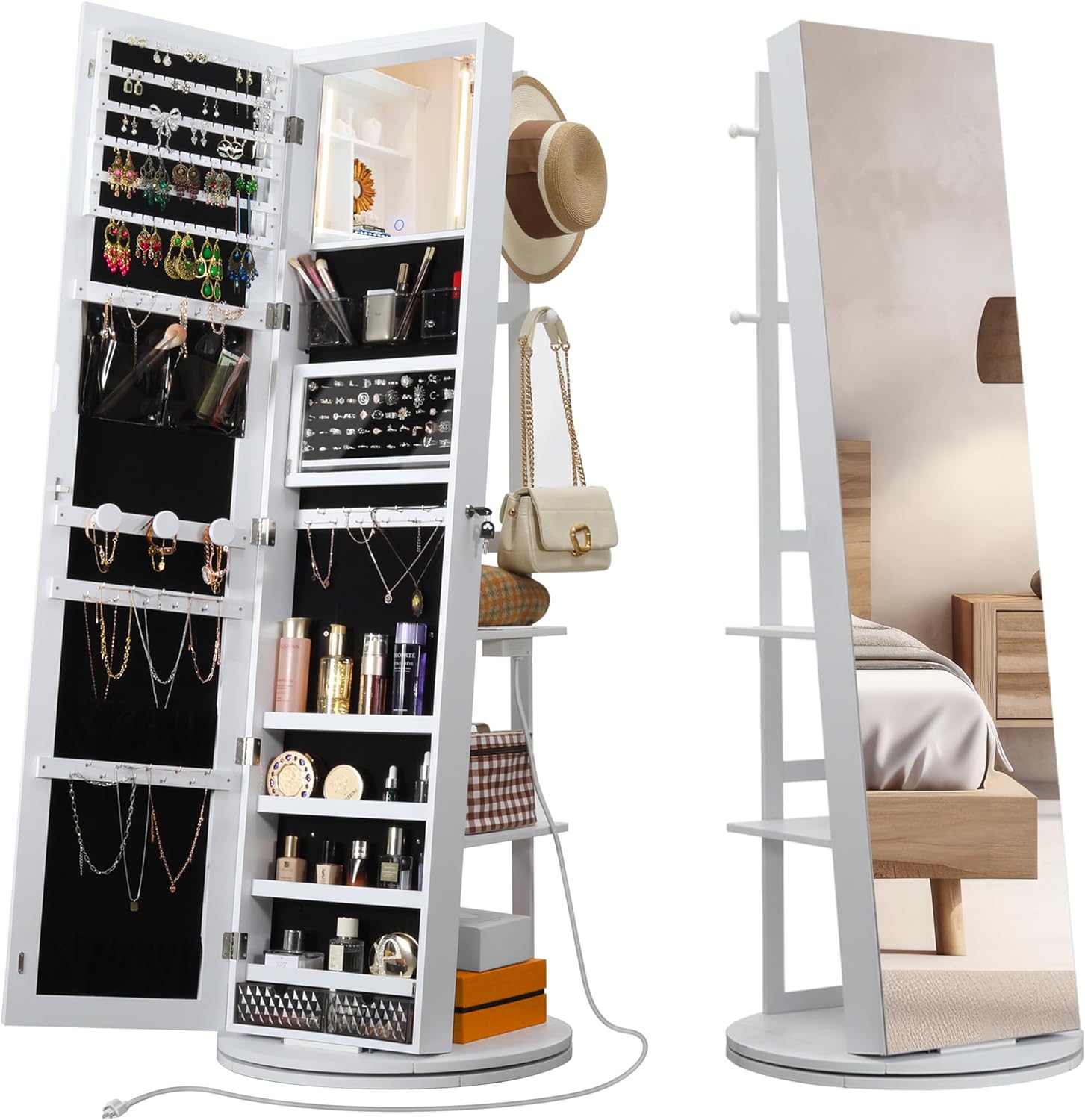 IRONCK 360° Swivel Mirrored Jewelry Cabinet - A stylish and functional standing organizer with lockable design and full-length mirror.