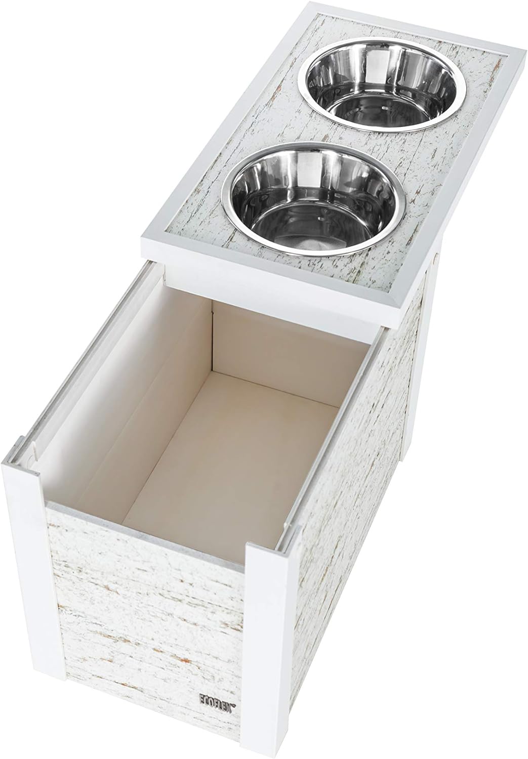 "New Age Pet ECOFLEX Piedmont 2-Bowl Diner with Sliding Lid Storage Bin - Stylish and functional pet dining solution for modern pet owners."